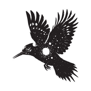 recommend clip art: silhouette of Woodpecker filled with space and sci-fi element in rough drawing