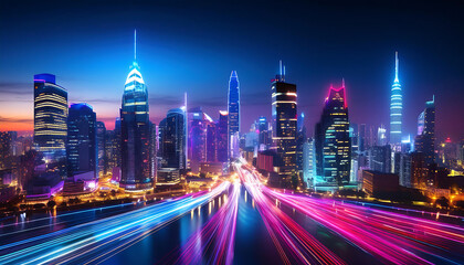 Fototapeta premium cityscape illuminated vibrant neon lights capturing energy excitement urban nightlife
