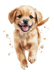 A cute golden retriever puppy running towards the camera with a happy expression.  Perfect for pet, animal, and happiness themes.