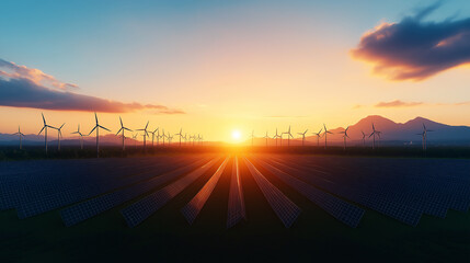 Fototapeta premium A field of wind turbines with a sunset in the background