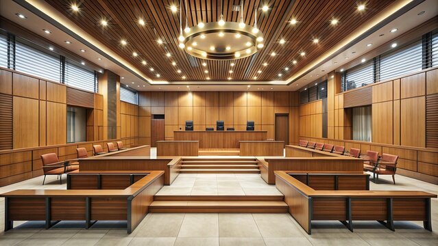 Modern law court interior with wooden benches, Justice symbol, and lawyers' desks, conveying fairness, justice, and equality in a sleek, contemporary setting.