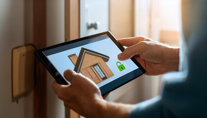 person holding a digital tablet with smart home screen