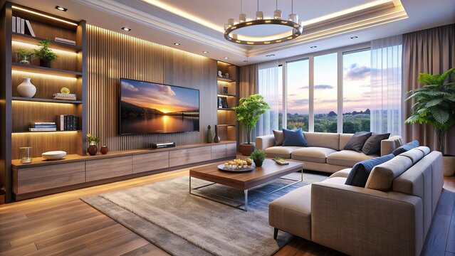Modern living room with a large flat-screen TV mounted on the wall, surrounded by comfortable furniture and soft lighting, creating a cozy atmosphere. - Powered by Adobe