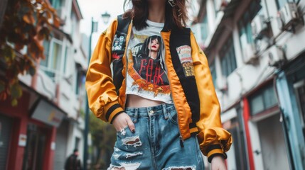Obraz premium A young woman poses stylishly in an urban setting, showcasing her colorful bomber jacket and trendy ripped denim shorts.