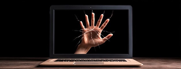 A hand emerges from a shattered laptop screen, symbolizing the chaos of a cyber attack in a dark setting