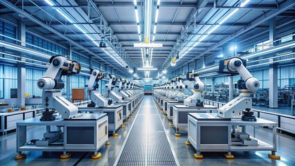 Modern manufacturing facility with rows of futuristic robots and automated machinery working together to produce high-tech electronics and microchips in a clean, well-lit environment.