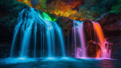 A beautiful waterfall cascading through alush forest with rocks and flowing water