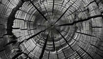 Obraz premium Close-up of warm gray cut wood texture, highlighting detailed black and white organic tree rings