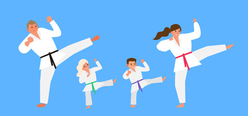 family wearing kimono karate kick training together vector illustration