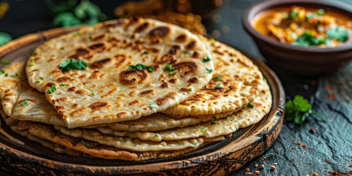 Layered flatbread made from maida or whole wheat flour Delicious Kerala Parathas Porotta Roti Parotta Barotta or Naan Enjoy them with spicy Asian chicken beef or egg curry gravy A perfect b