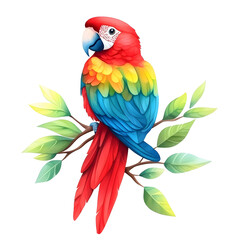 Obraz premium A vibrant scarlet macaw perched on a branch with lush green leaves, its feathers shimmering in the light.