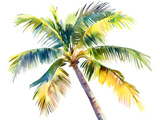 Fototapeta premium A vibrant watercolor painting of a palm tree with lush green and yellow leaves against a black background.