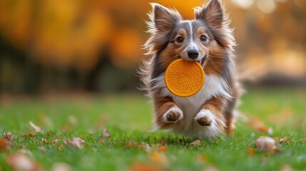 Obraz premium Shetland Sheepdog jumping to catch a frisbee on green grass, dog playing in garden