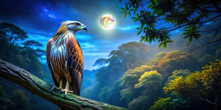 of Garuda bird perched on tree at night , Garuda, bird, tree, night, sitting, wings, feathers, majestic, mythical, creature, sky