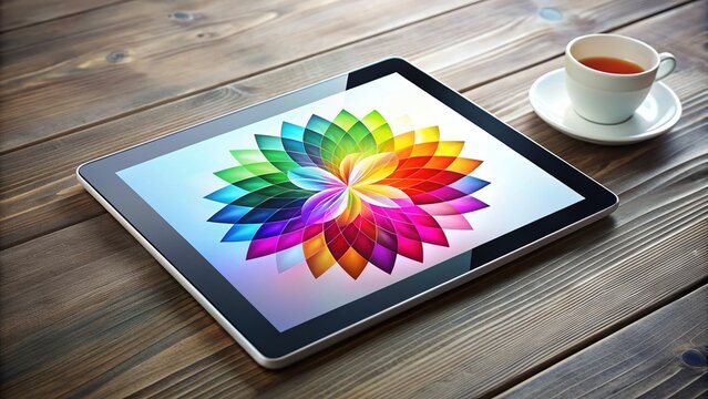 Modern minimalist logo concept on a digital tablet screen with creative web design elements and colorful abstraction, symbolizing innovation and technology.