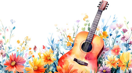 A watercolor illustration of a guitar surrounded by colorful flowers.