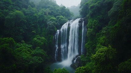 Fototapeta premium Lush Greenery Surrounding a Majestic Waterfall