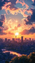 Obraz premium Enchanted anime-style City Skyline at Golden Hour: A Creative Marketing Concept Illustrating the Commuter's Journey,Anime-Style,illustration,Picture BooksFor Poster,Novel,UI,WEB,Game,Design,Abstract