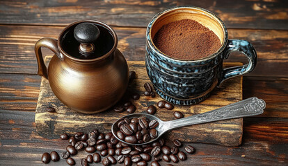 A cozy coffee setting featuring a steaming mug, a pot, and coffee beans on a rustic wooden surface.