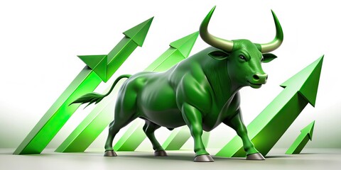 Obraz premium Symbolic bull against green up arrows, trading, bull, betting, stock market, finance, investment, success, growth