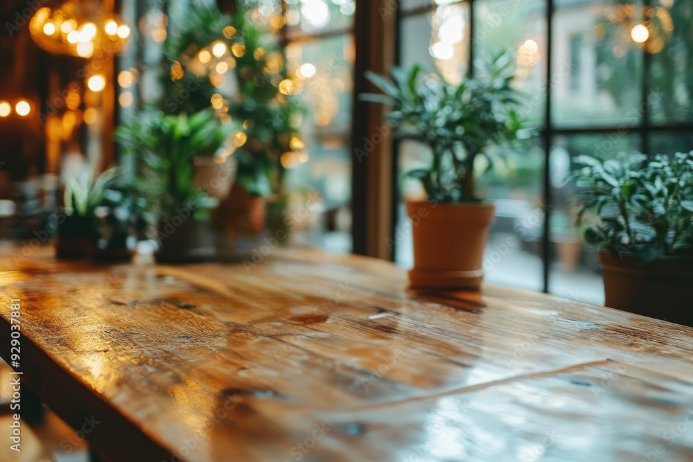 Poster rustic wooden table with greenery: a rustic wooden table with a warm, inviting atmosphere, showcasin
