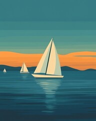 Naklejka premium Sailboats on a calm ocean at sunset.