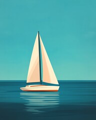 Fototapeta premium Sailboats on calm ocean waters, distant horizon, flat design illustration