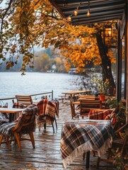 cozy cafe in autumn on the seashore. outdoor cafe with outdoor terrace overlooking the sea.