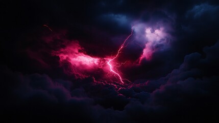 A dramatic storm scene with vibrant pink lightning illuminating dark clouds.