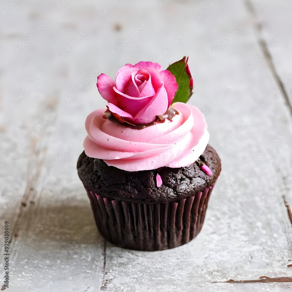 Poster cupcake with pink frosting and rose