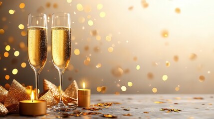 Festive table setting with golden champagne and candles, elegant celebration, warm golden hues