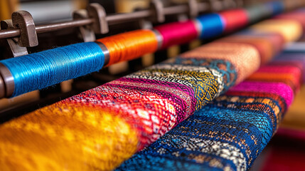 a row of looms in a carpet factory, with threads of different colors weaving intricate patterns