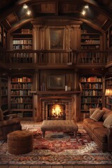 A cozy home library with wooden shelves, comfortable seating and a warm