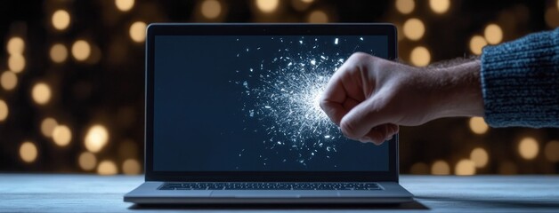 A hand breaks through the laptop screen, shattering glass and exposing chaotic data representing a cyber attack