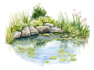 Serene pond with lily pads, surrounded by lush greenery and rocks.  Peaceful and tranquil scene.  Perfect for nature, relaxation, and tranquility themes.