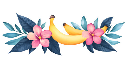 Fototapeta premium Two yellow bananas nestled amongst blue leaves and pink flowers, creating a tropical and vibrant scene.