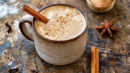 A warm cup of creamy spiced chai sits on a rustic wooden table, garnished with a cinnamon stick and sprinkled with spices.