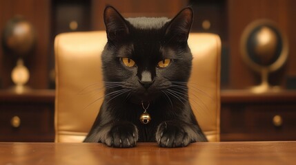 A cat sitting in command on a chair, eyes intent, a master's meow.