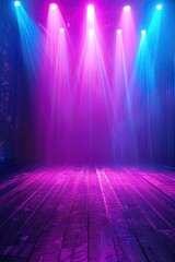 Wooden floor stage illuminated by vibrant neon lights at night