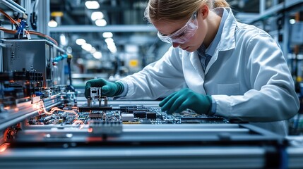 Female scientist workingin a Bosch factory, as she skillfully assembles the electronic components on her workbench while wearing protective glasses and a white lab coat.