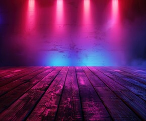 Wooden floor illuminated by vibrant neon lights on a stage