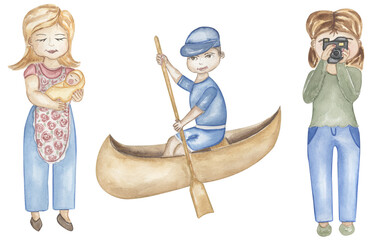 Kids Characters Collection: Set of different professions in cute style, ABC professions illustration, watercolor children educational graphics: nanny, photographer and oarsman clipart © MayaNavits