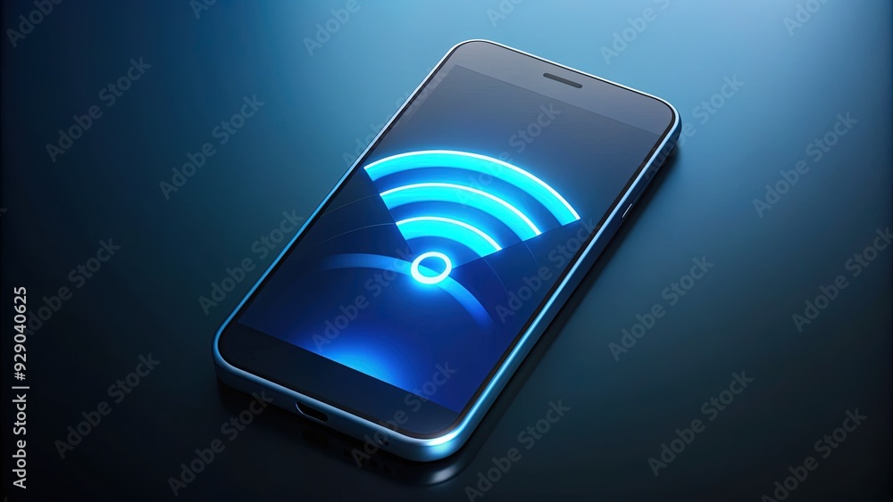Poster modern smartphone displaying wifi signal strength on screen with glowing blue wifi symbol against a 