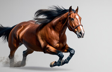 A stunning brown horse gallops with grace, showcasing its power and elegance against a minimalist background.