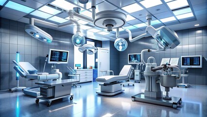 Modern surgical operating room with advanced computerized medical equipment, high-tech monitors, and futuristic robotic arms, illustrating cutting-edge precision in healthcare technology.