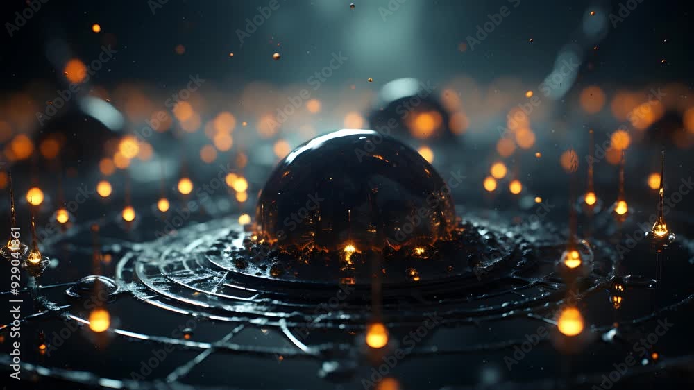 Poster a mesmerizing animation of a shimmering sphere, pulsing with glowing energy amidst a field of ethere