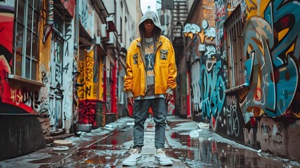 Stylish Streetwear Ensemble in Vibrant Graffiti Covered Alleyway Setting