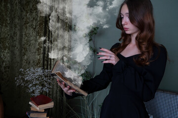 A powerful sorceress is casting spells from an ancient, enchanted book, surrounded by swirling...