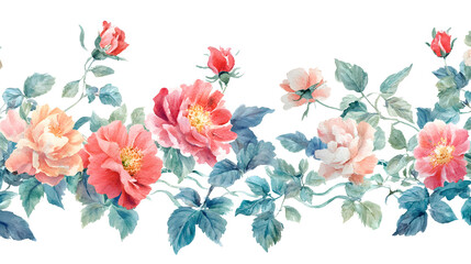 Fototapeta premium A delicate border of pink and white roses with green leaves, perfect for adding a touch of elegance to your designs.