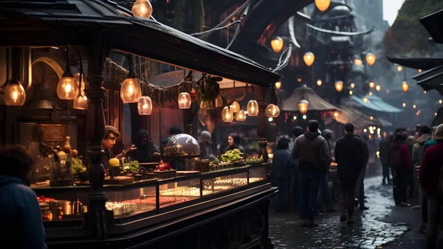 A bustling marketplace in a fantasy world. The scene is lit by string lights and a soft rain falls on the cobblestone streets. A vendor attends to customers behind his counter.